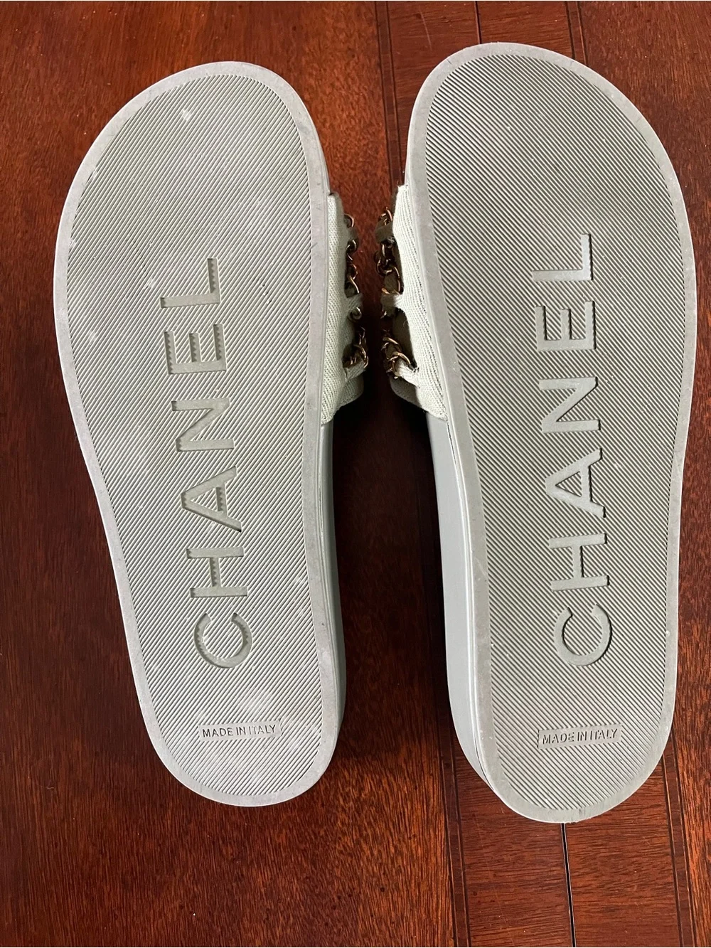 CHANEL Olive Green Chain-Trim Slide Sandals